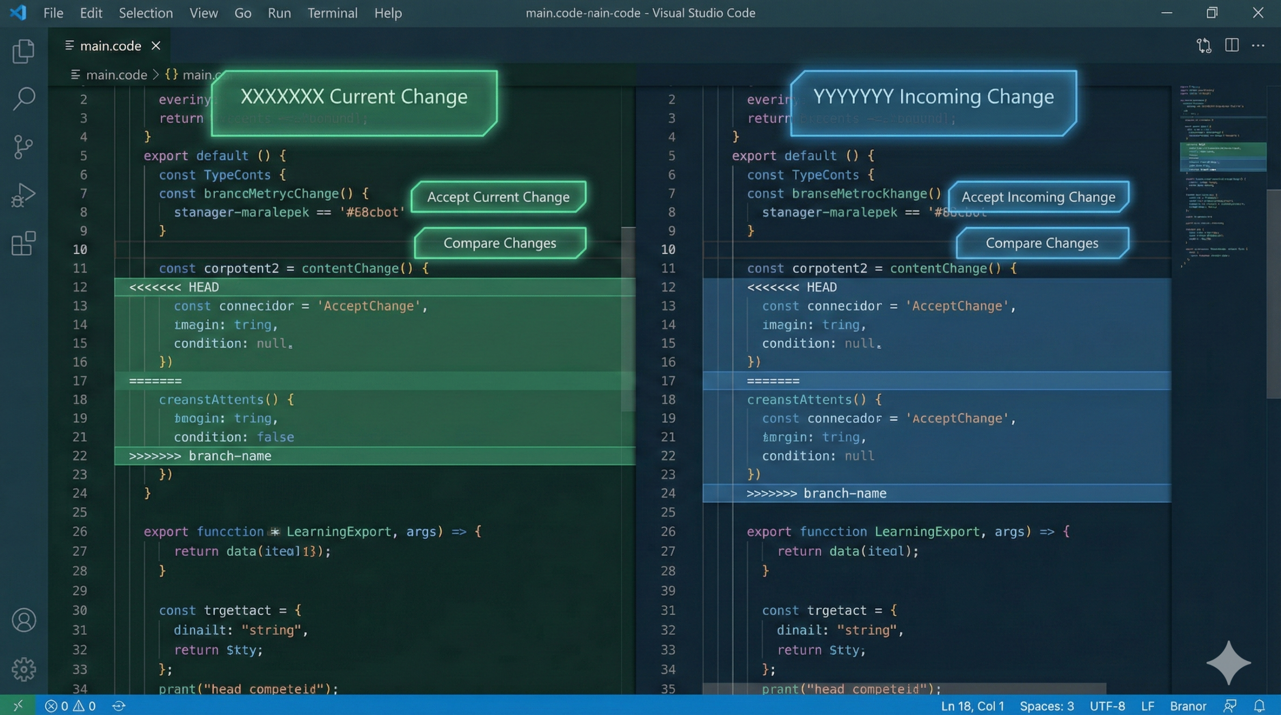 Visual Studio Code editor interface showing steps to fix git merge conflict vs code