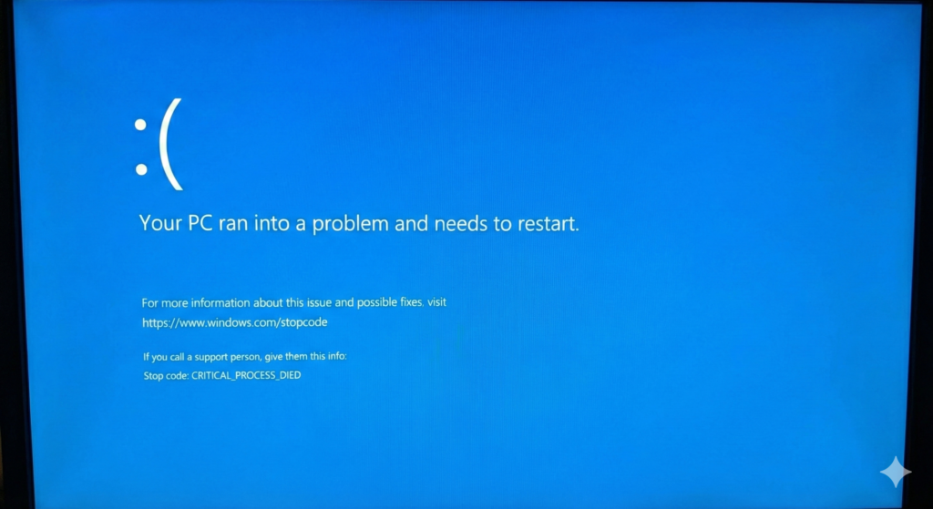 Windows monitor displaying the CRITICAL_PROCESS_DIED BSOD error stop code