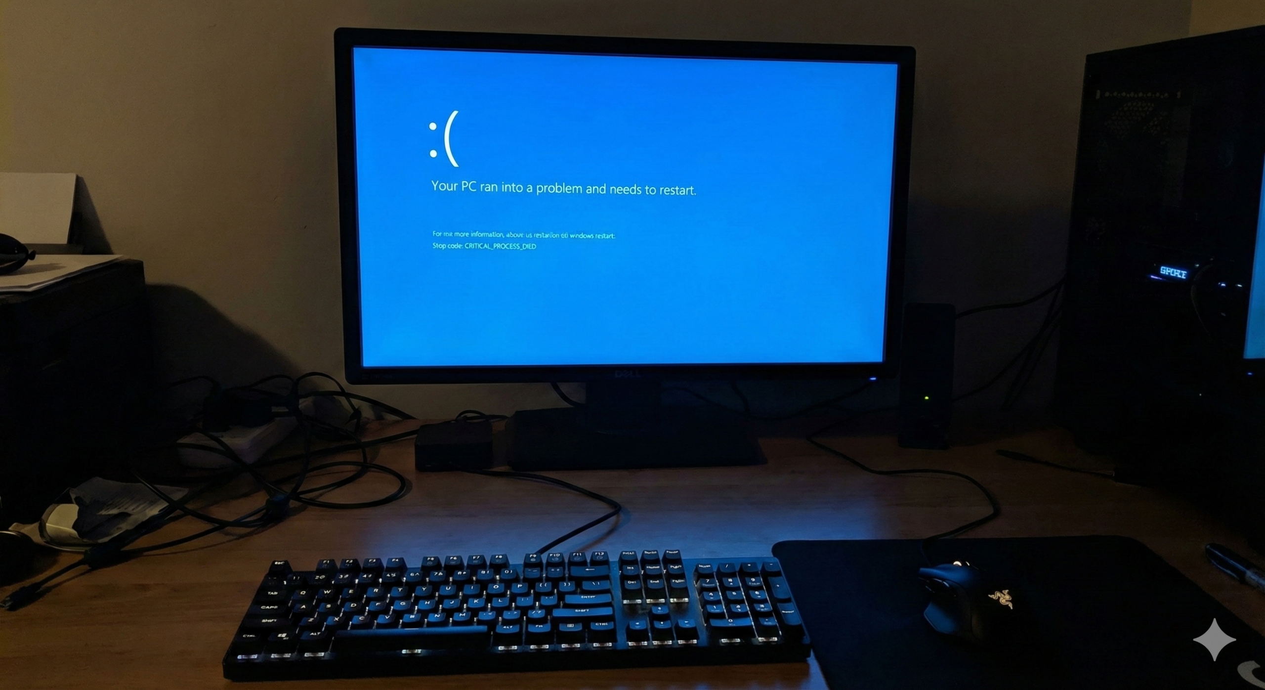 Windows monitor displaying the CRITICAL_PROCESS_DIED BSOD error code