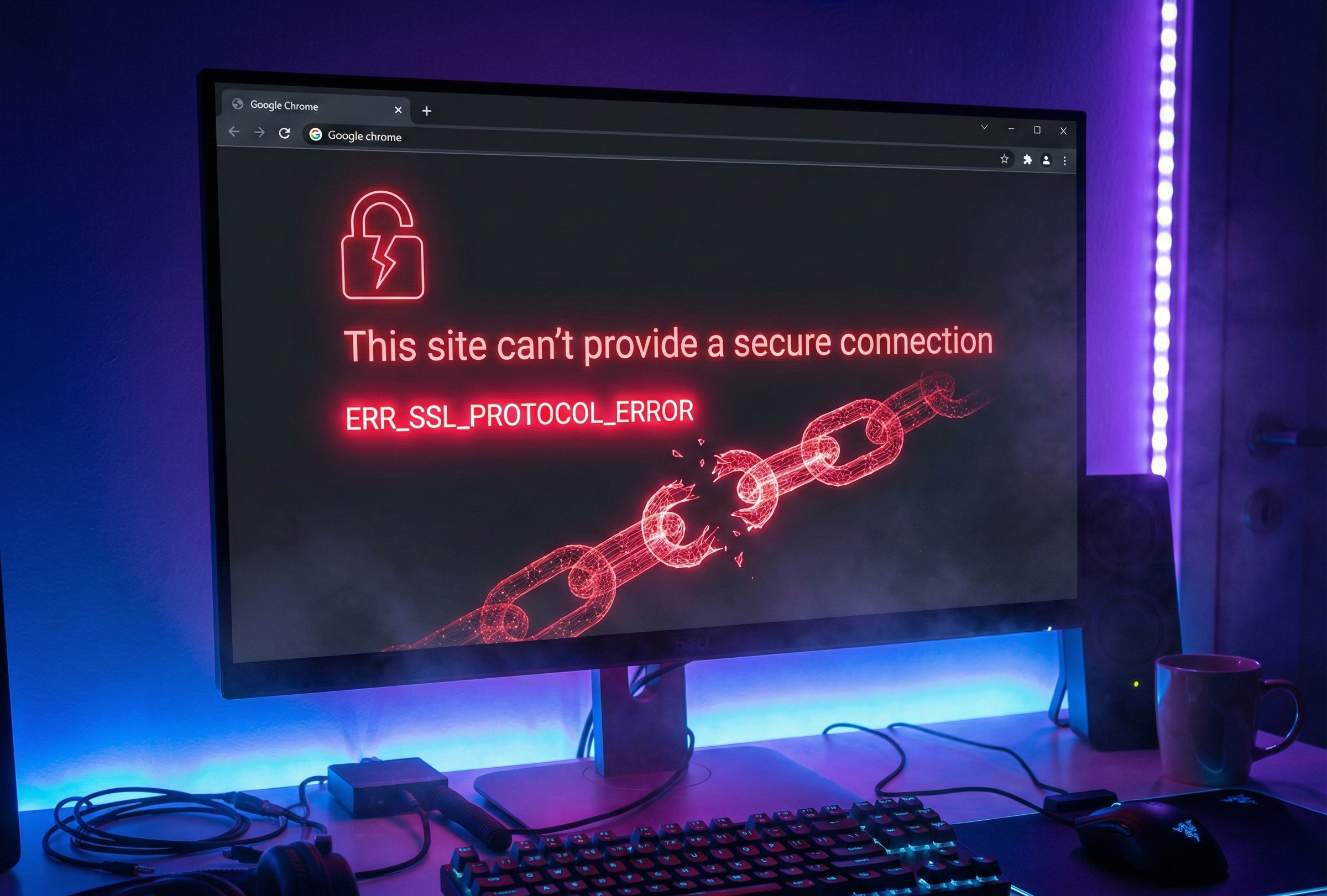 Google Chrome browser screen showing the ERR_SSL_PROTOCOL_ERROR and broken padlock warning on a desktop computer