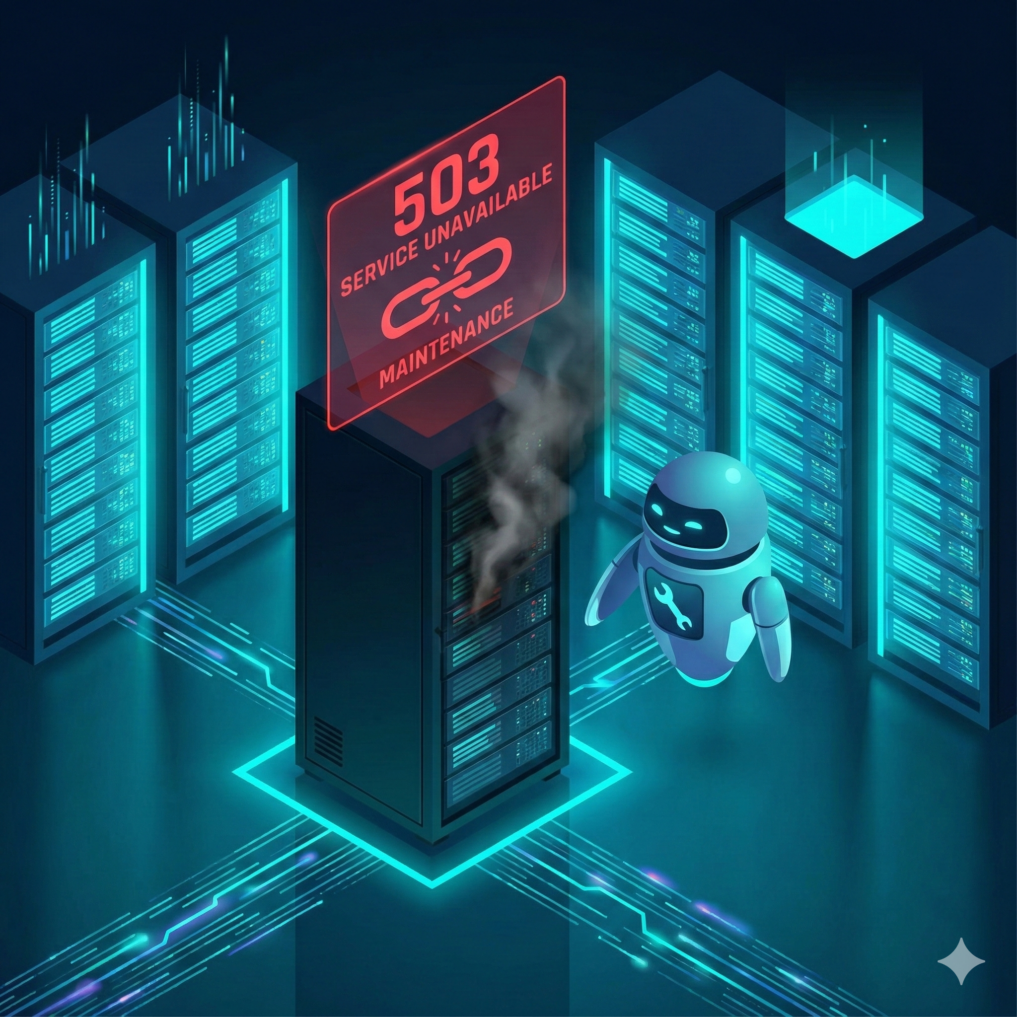 Futuristic server room illustration showing HTTP Error 503 Service Unavailable warning and backend fetch failed maintenance sign