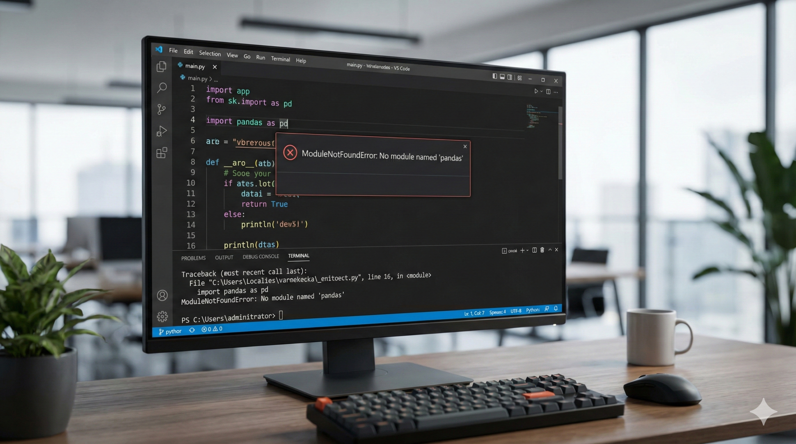 Python code editor showing fix modulenotfounderror no module named pandas in VS Code and Jupyter