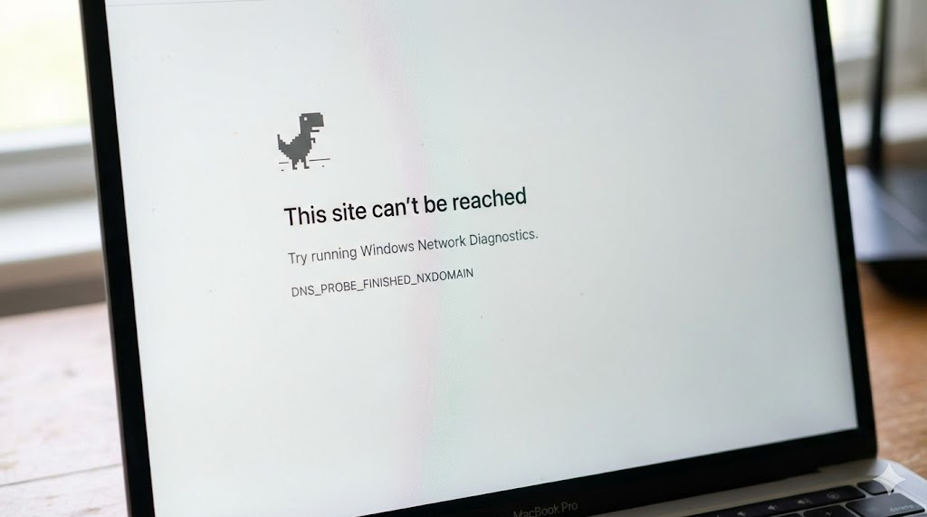 Google Chrome browser showing dns_probe_finished_nxdomain error on Windows and Android screen