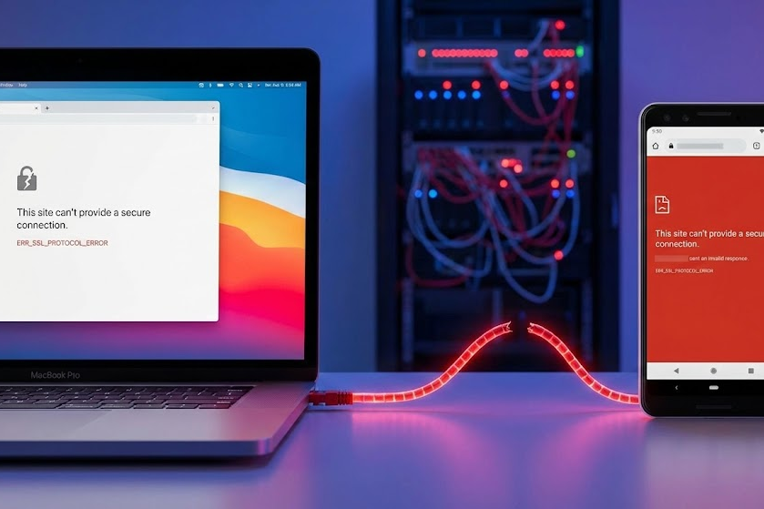 ERR_SSL_PROTOCOL_ERROR message displayed on both laptop and Android phone screens