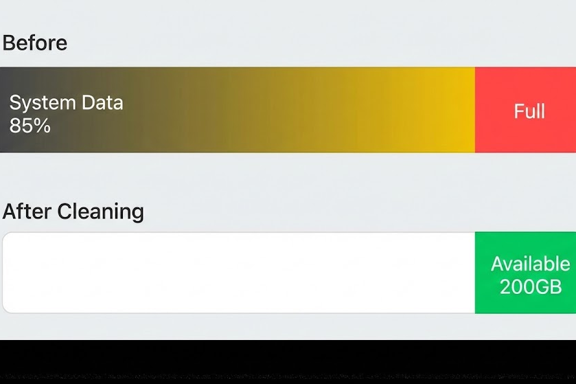 macOS storage bar comparison showing System Data reduction before and after clearing cache