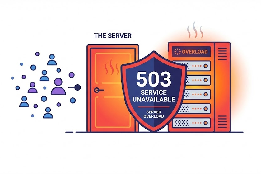 Diagram showing server overload causing HTTP Error 503 Service Unavailable