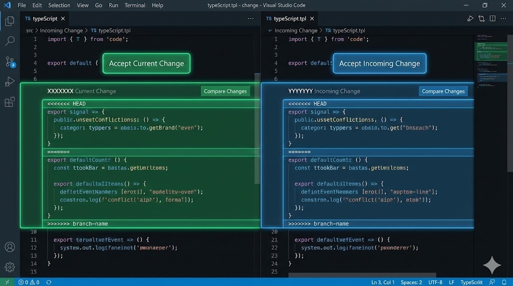 Visual Studio Code editor interface showing steps to fix git merge conflict vs code