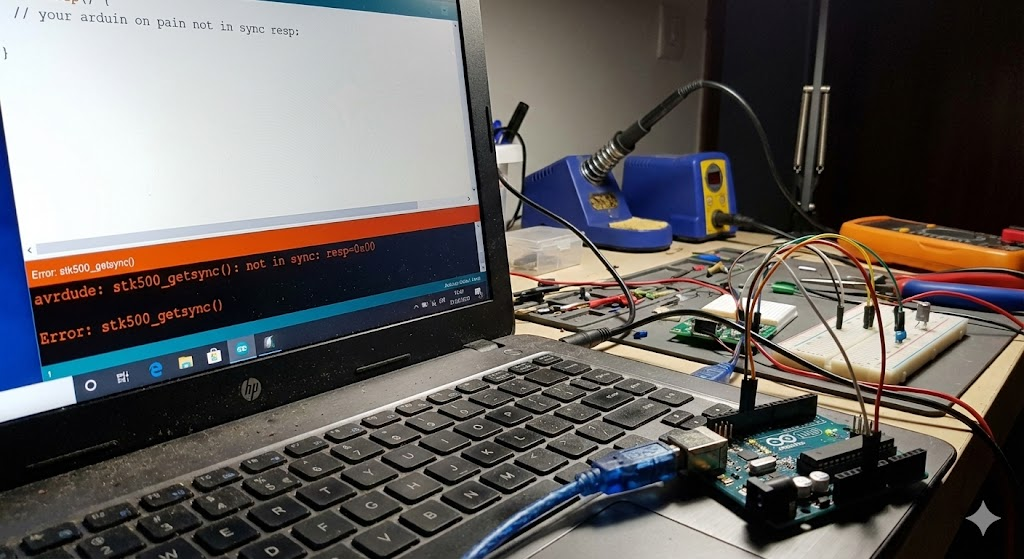 Arduino IDE screenshot showing steps to fix avrdude stk500_getsync error on Windows