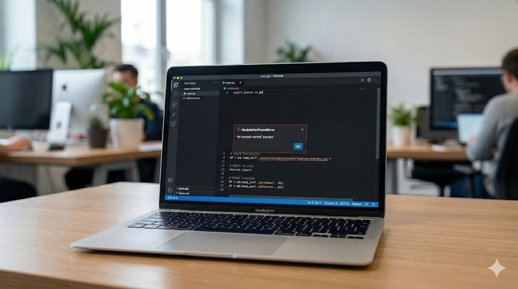 Python code editor showing fix modulenotfounderror no module named pandas in VS Code